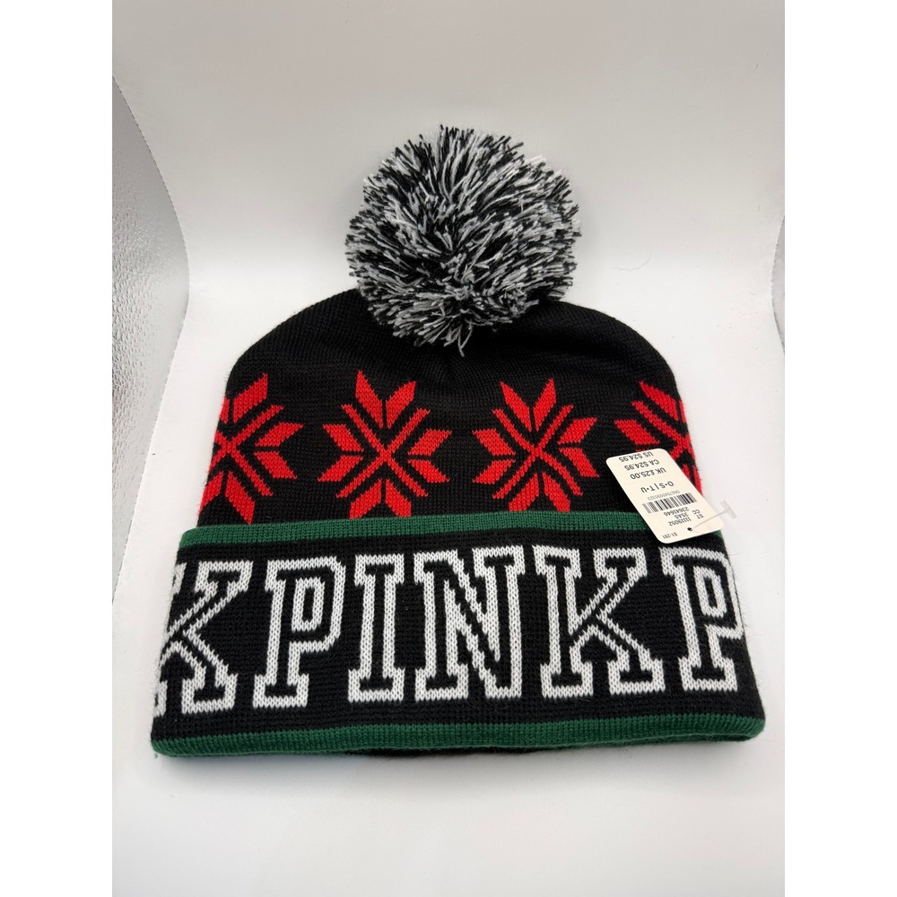 Victorias Secret PINK Beanie Hat Black Red Snowflake Pom Pom Winter Cap NWT